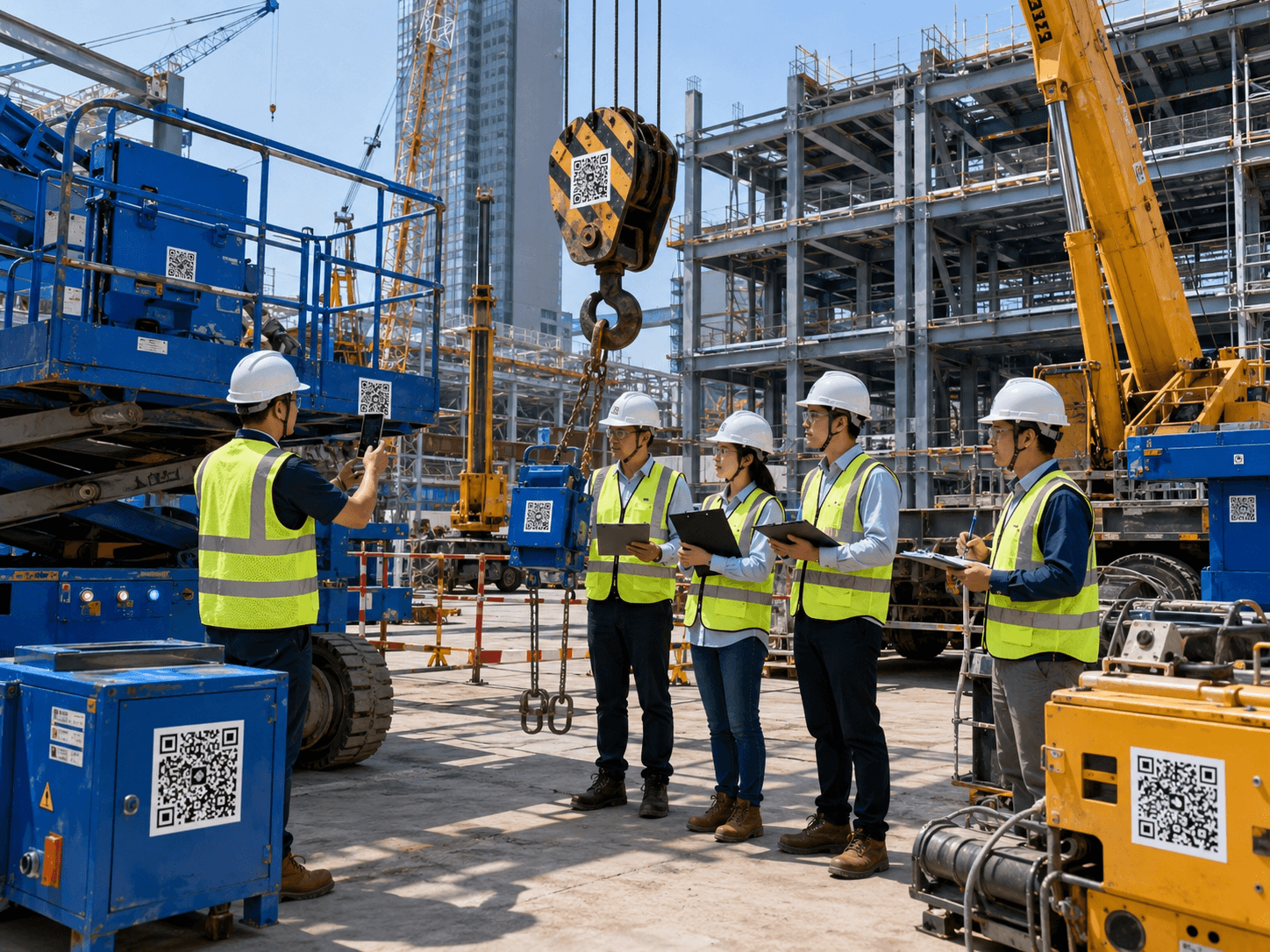 Kiểm định viên quét mã QR dán trên thiết bị thi công tại công trường